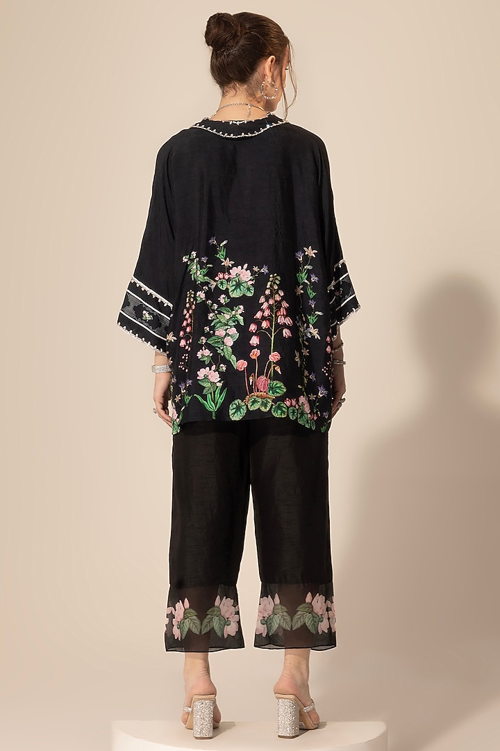 Black Viscose Organza Botanical Printed & Embellished Kaftan Set by Sakshi Girri at Pernia's Pop Up Shop