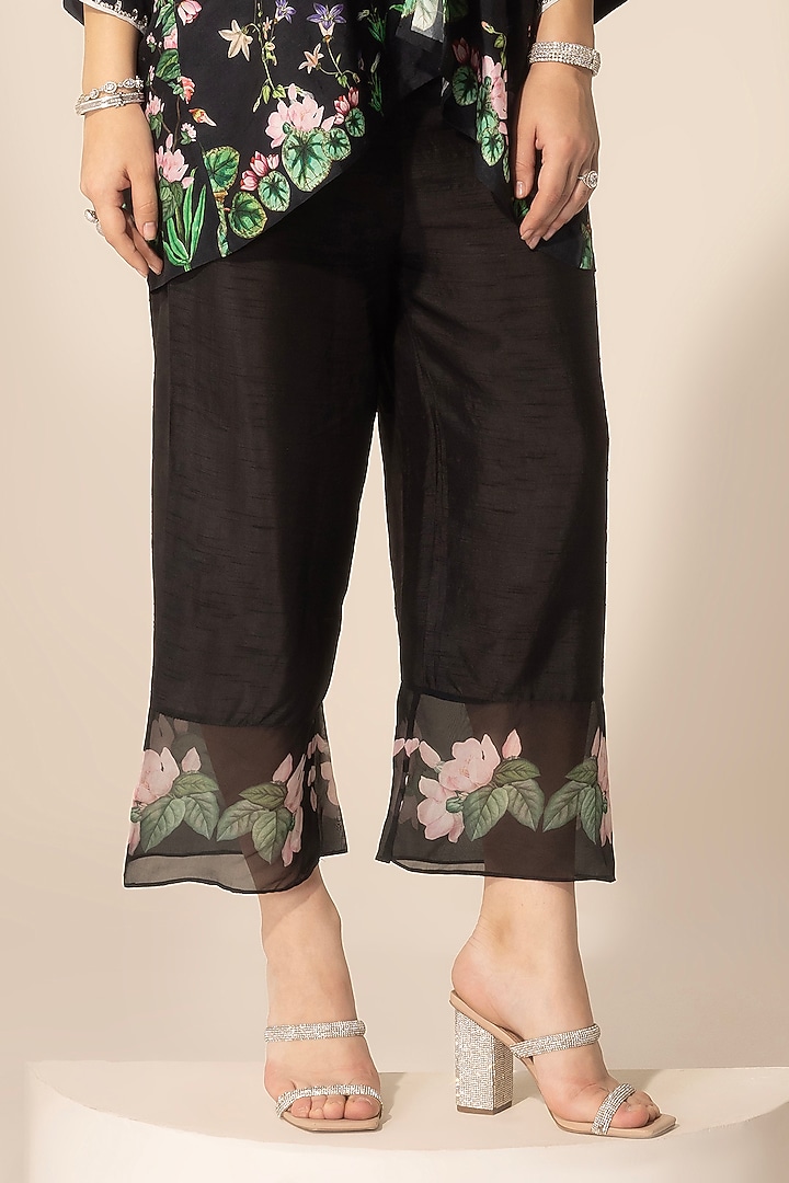 Black Viscose Organza Botanical Printed & Embellished Kaftan Set by Sakshi Girri at Pernia's Pop Up Shop