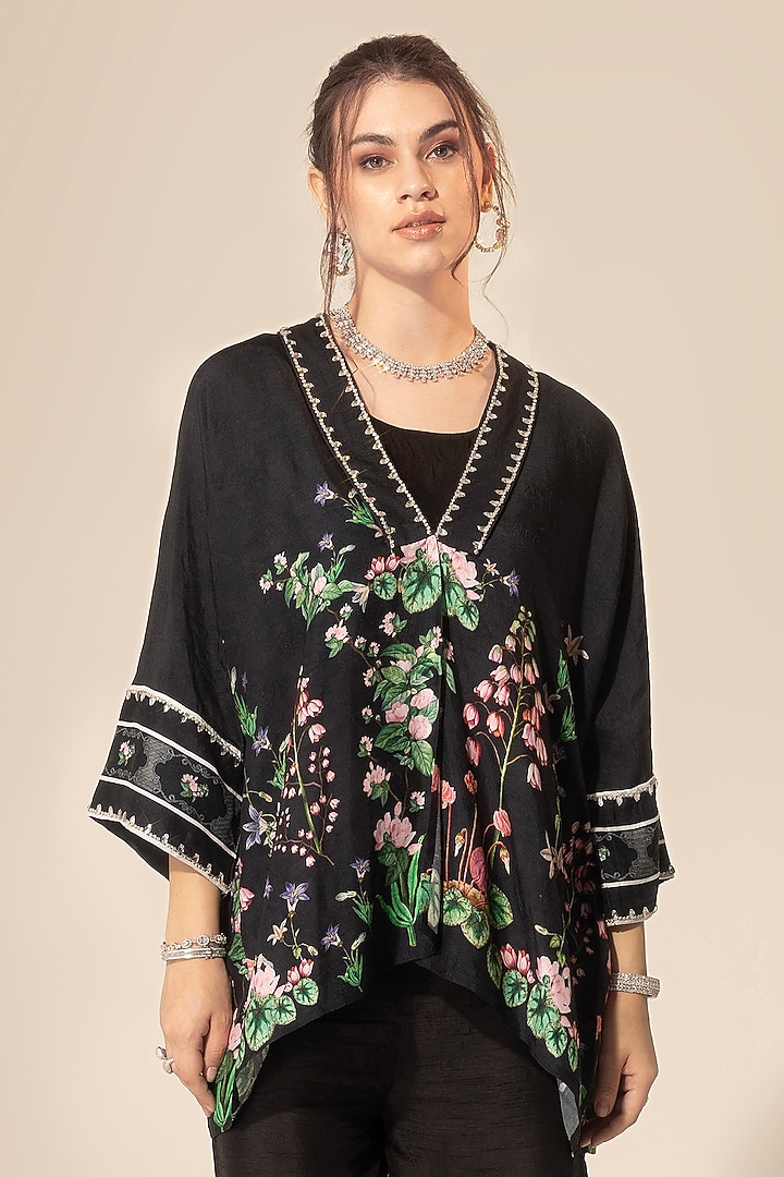 Black Viscose Organza Botanical Printed & Embellished Kaftan Set by Sakshi Girri at Pernia's Pop Up Shop