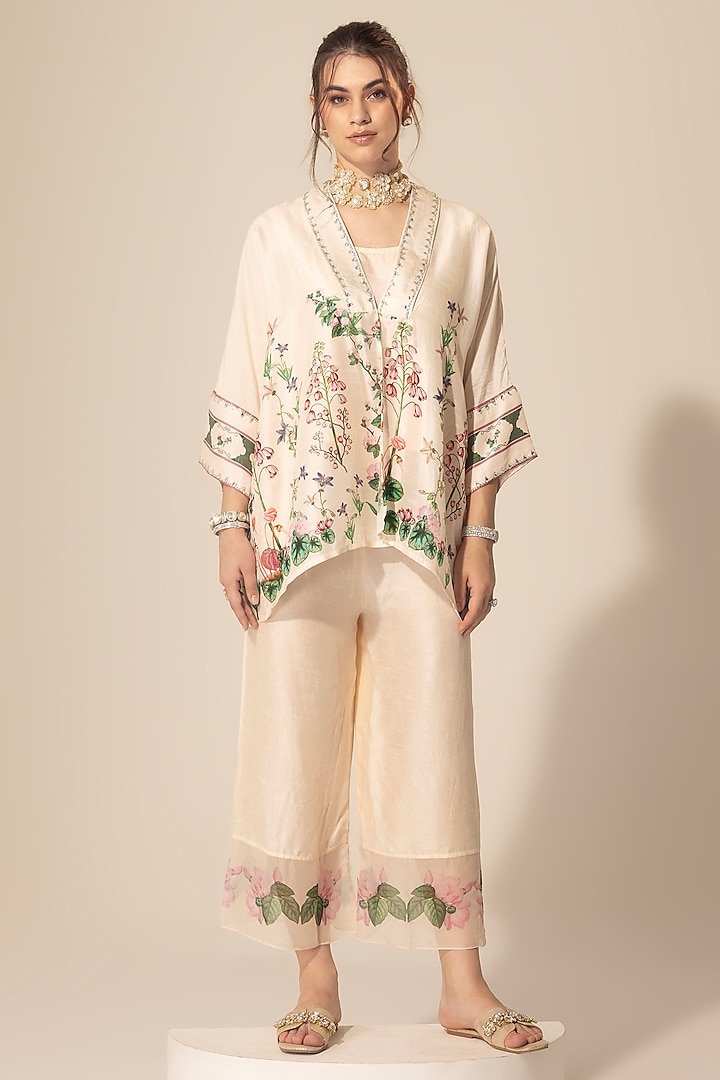 Ivory Viscose Organza Botanical Printed & Embellished Kaftan Set by Sakshi Girri at Pernia's Pop Up Shop