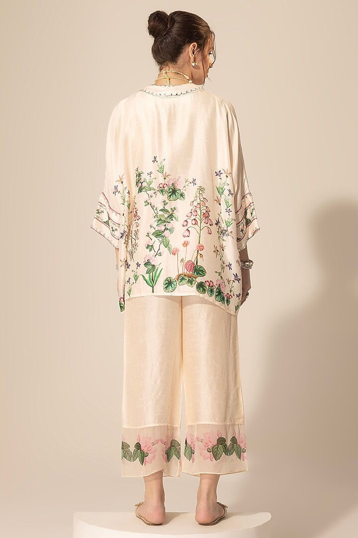 Ivory Viscose Organza Botanical Printed & Embellished Kaftan Set by Sakshi Girri at Pernia's Pop Up Shop