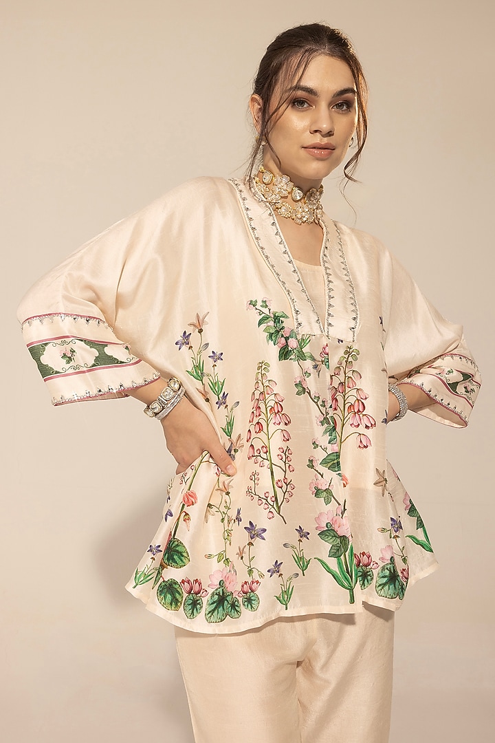 Ivory Viscose Organza Botanical Printed & Embellished Kaftan Set by Sakshi Girri at Pernia's Pop Up Shop