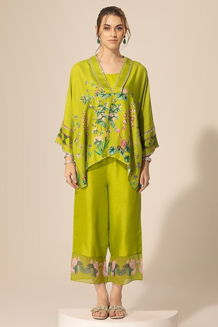 Green Viscose Organza Botanical Printed & Embellished Kaftan Set by Sakshi Girri