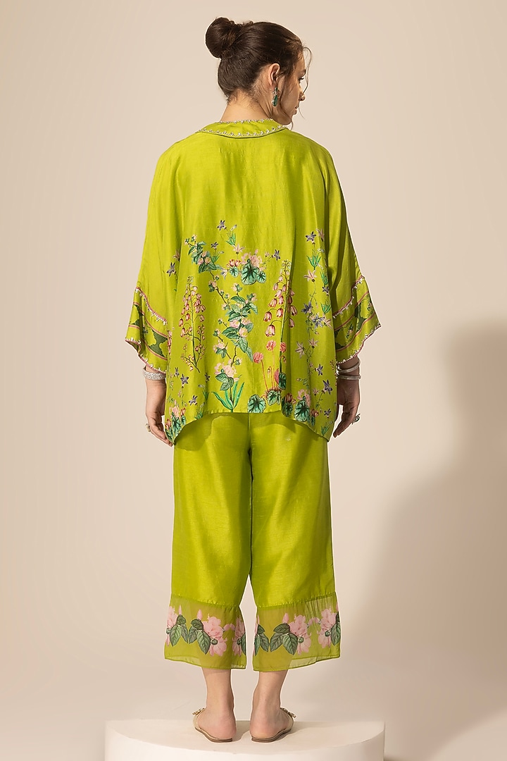 Green Viscose Organza Botanical Printed & Embellished Kaftan Set by Sakshi Girri at Pernia's Pop Up Shop