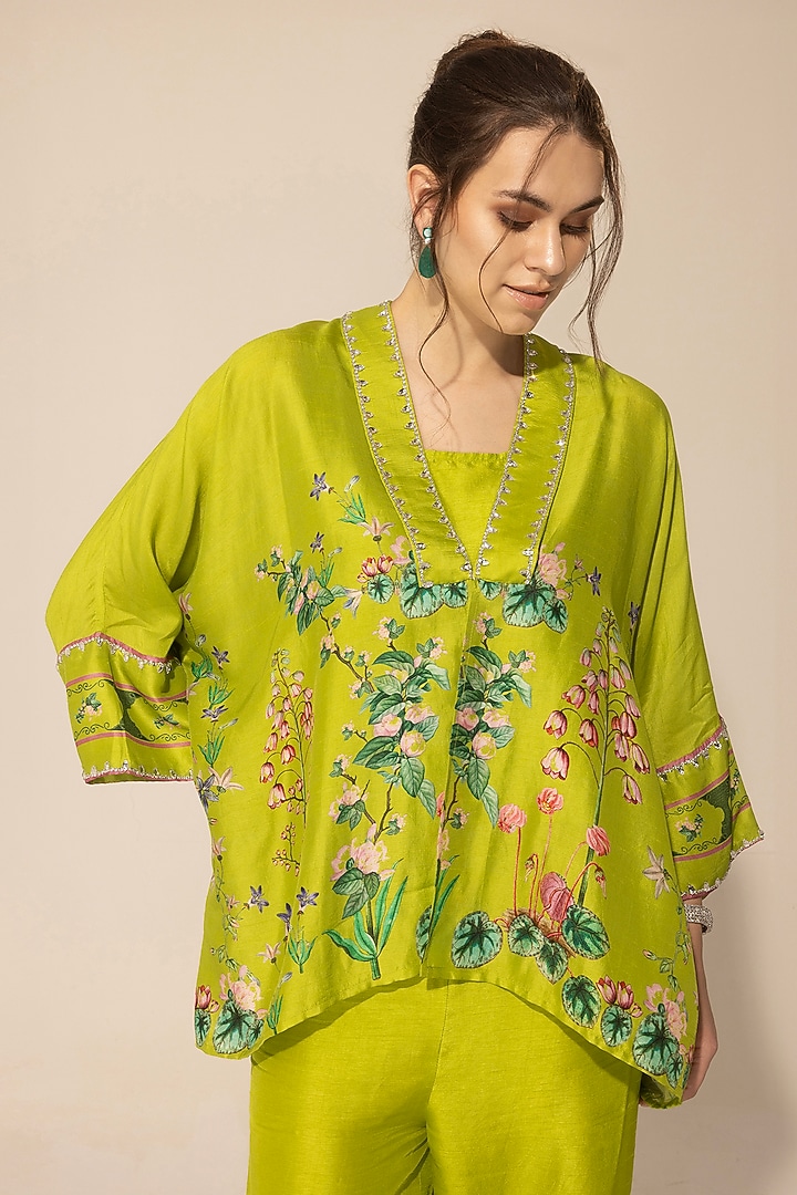 Green Viscose Organza Botanical Printed & Embellished Kaftan Set by Sakshi Girri at Pernia's Pop Up Shop