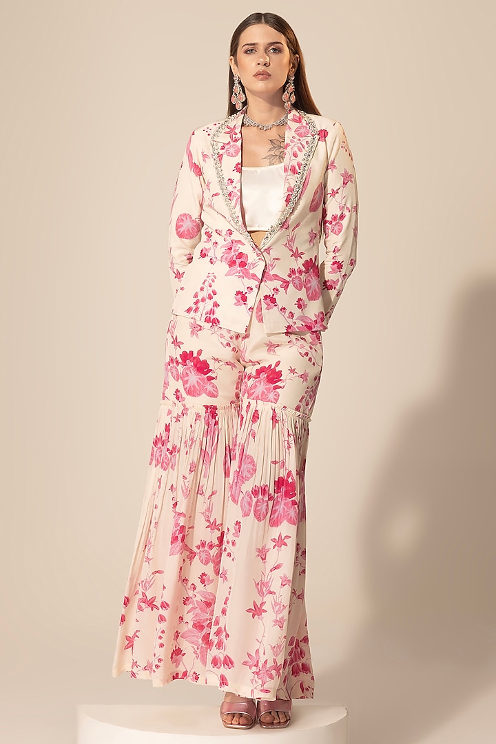 Ivory & Pink Crepe Botanical Printed Blazer Set by Sakshi Girri