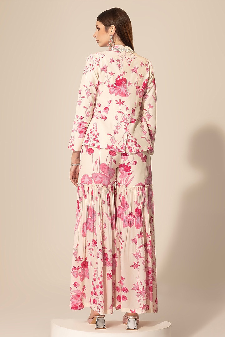 Ivory & Pink Crepe Botanical Printed Blazer Set by Sakshi Girri at Pernia's Pop Up Shop