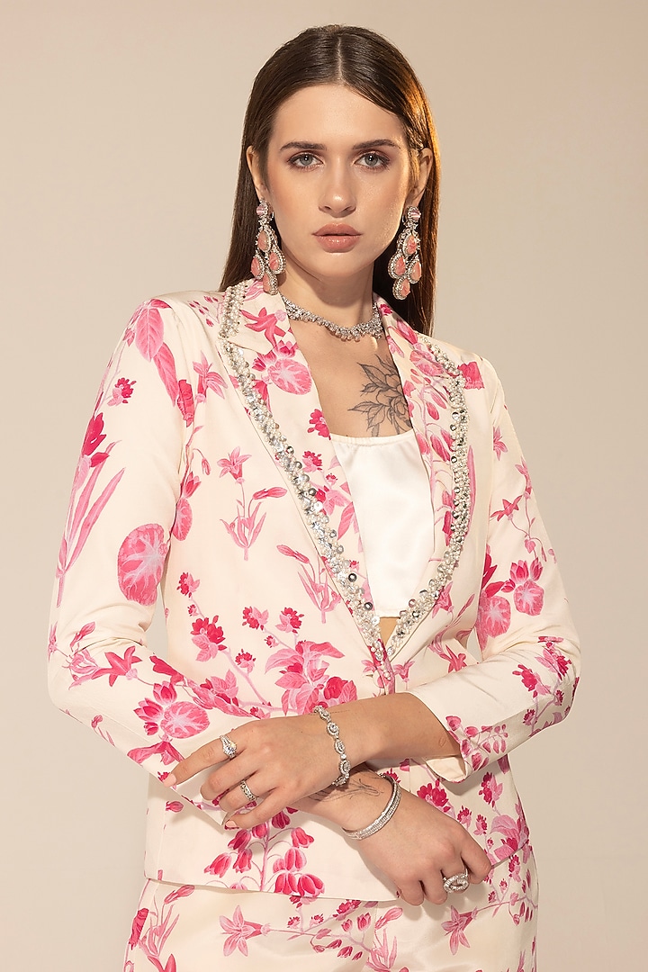 Ivory & Pink Crepe Botanical Printed Blazer Set by Sakshi Girri at Pernia's Pop Up Shop