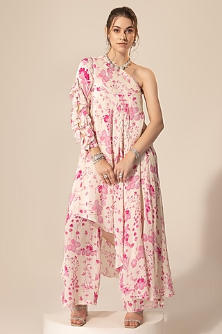 Ivory & Pink Crepe Botanical Printed Tunic Set by Sakshi Girri