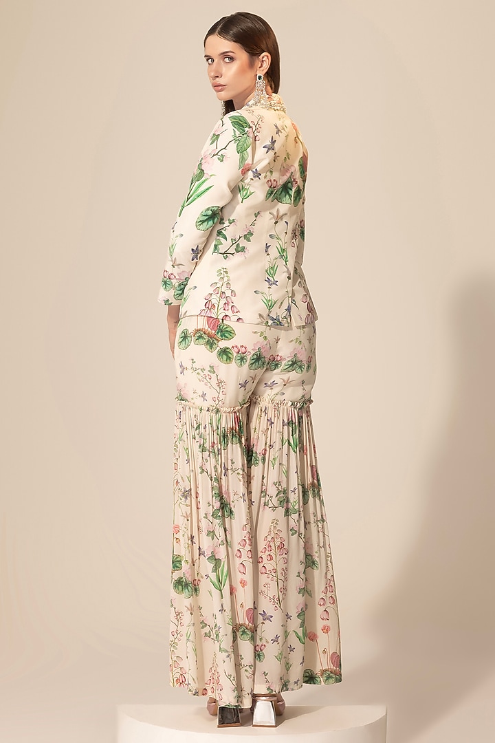 Ivory Crepe Botanical Printed & Embellished Blazer Set by Sakshi Girri at Pernia's Pop Up Shop