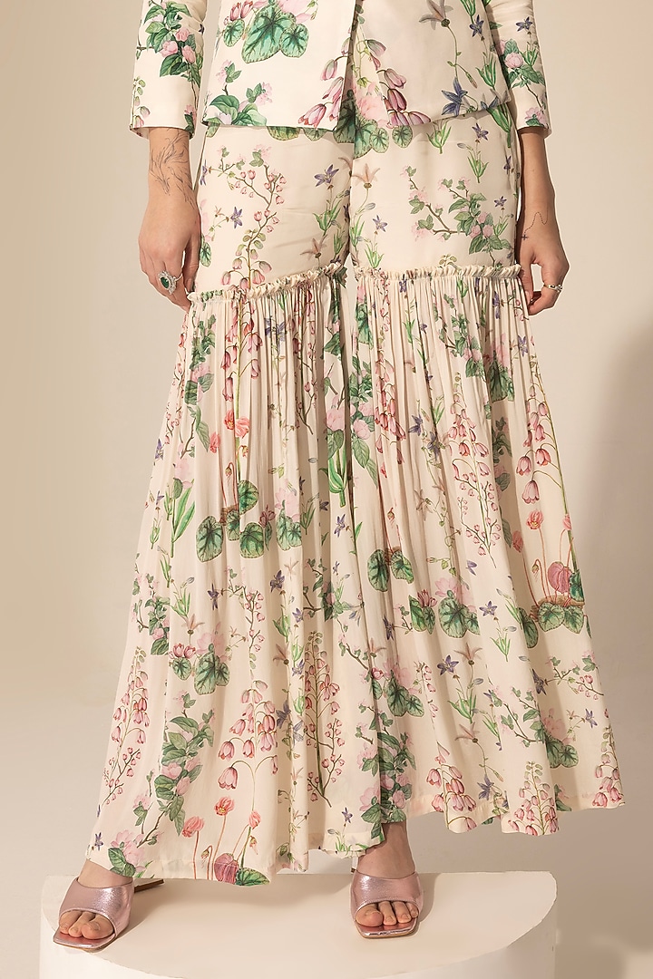 Ivory Crepe Botanical Printed & Embellished Blazer Set by Sakshi Girri at Pernia's Pop Up Shop