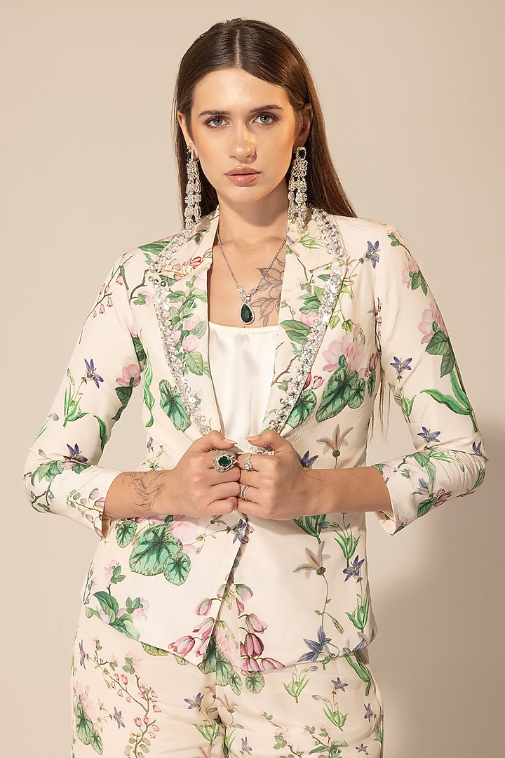 Ivory Crepe Botanical Printed & Embellished Blazer Set by Sakshi Girri at Pernia's Pop Up Shop