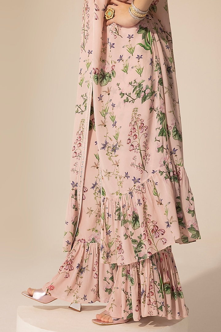 Blush Pink Crepe Botanical Printed & Embellished Kaftan Set by Sakshi Girri at Pernia's Pop Up Shop