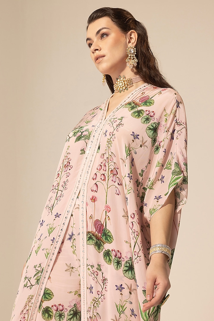 Blush Pink Crepe Botanical Printed & Embellished Kaftan Set by Sakshi Girri at Pernia's Pop Up Shop
