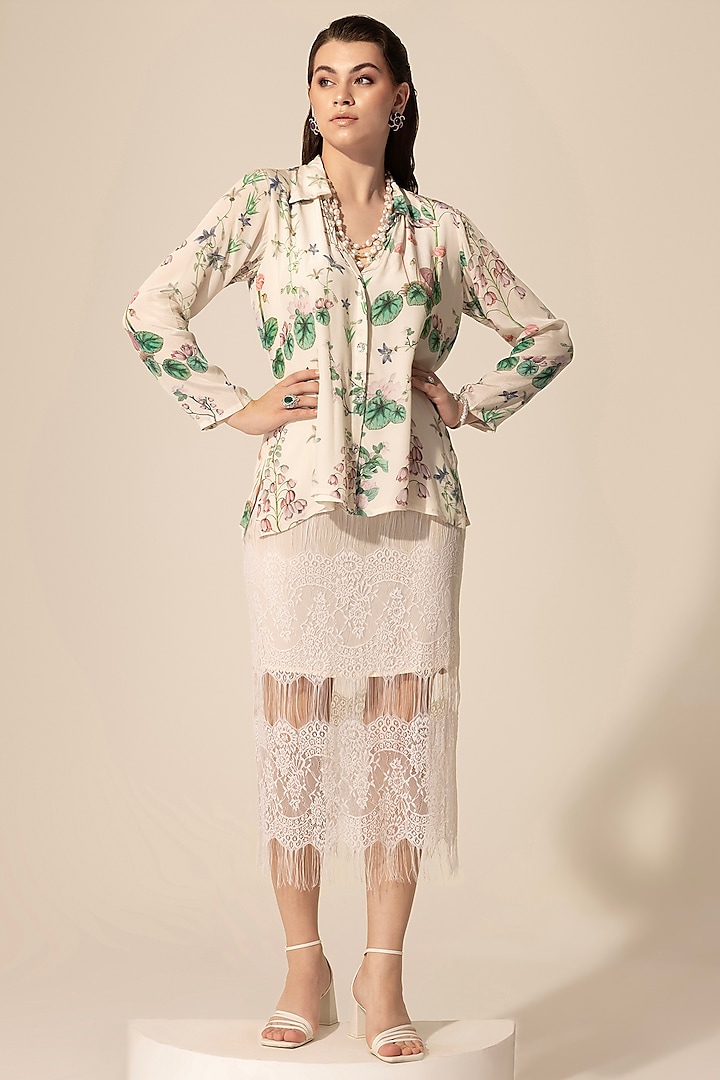 Ivory Chantilly Lace Midi Skirt Set by Sakshi Girri