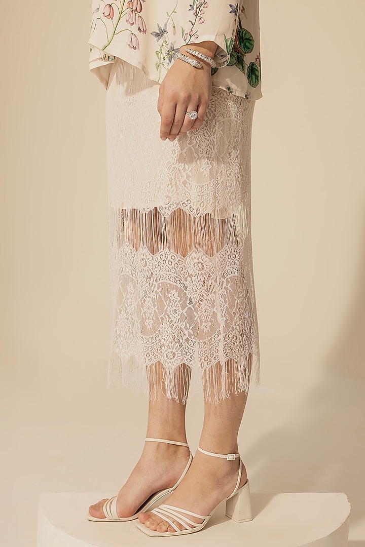Ivory Chantilly Lace Midi Skirt Set by Sakshi Girri at Pernia's Pop Up Shop