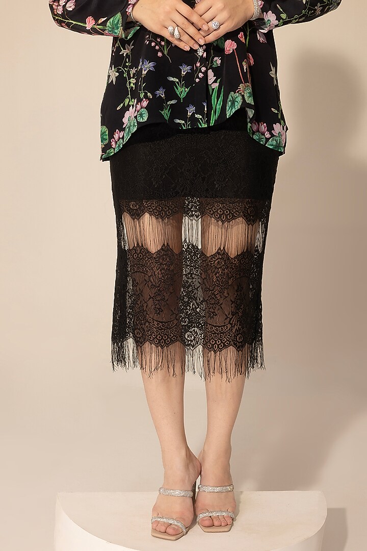Black Chantilly Lace Midi Skirt Set by Sakshi Girri at Pernia's Pop Up Shop