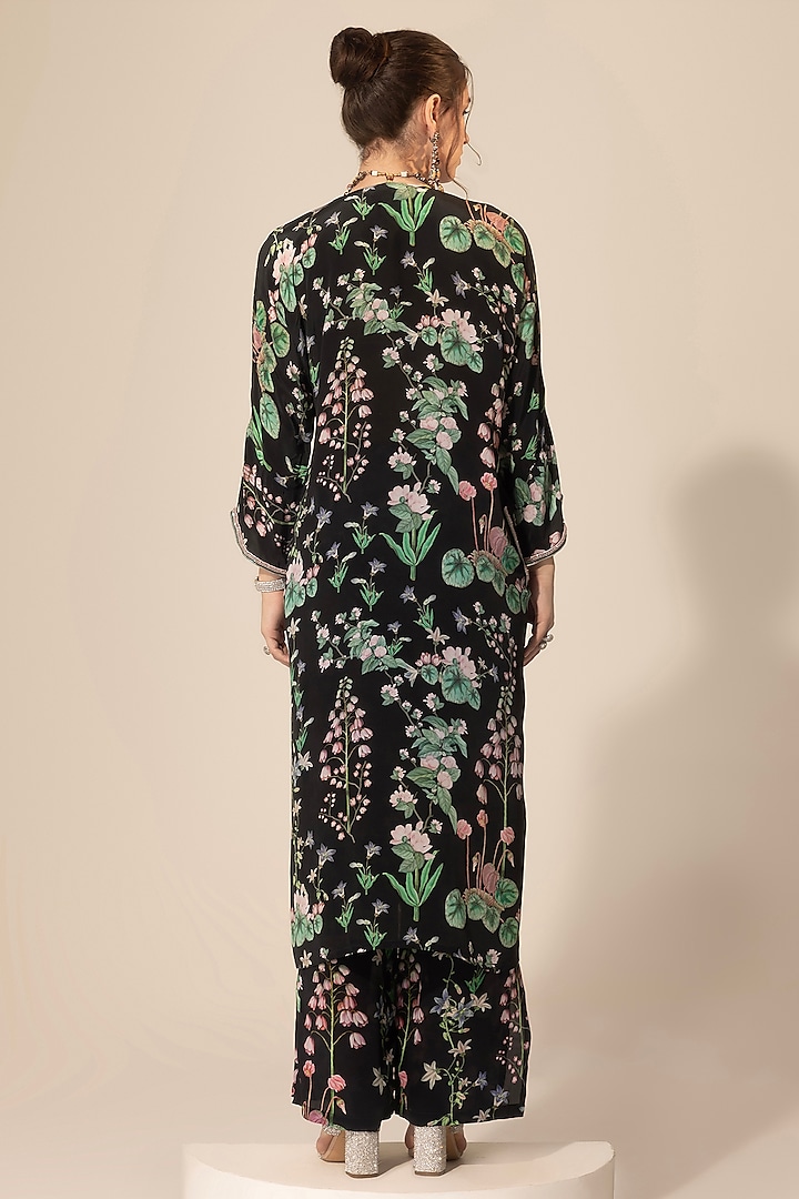Black Crepe Botanical Printed Kaftan Set by Sakshi Girri at Pernia's Pop Up Shop