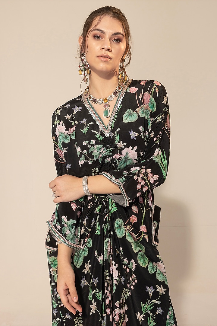 Black Crepe Botanical Printed Kaftan Set by Sakshi Girri at Pernia's Pop Up Shop