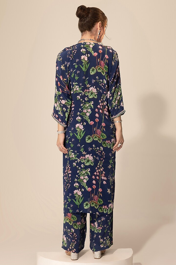 Navy Blue Crepe Botanical Printed Kaftan Set by Sakshi Girri at Pernia's Pop Up Shop