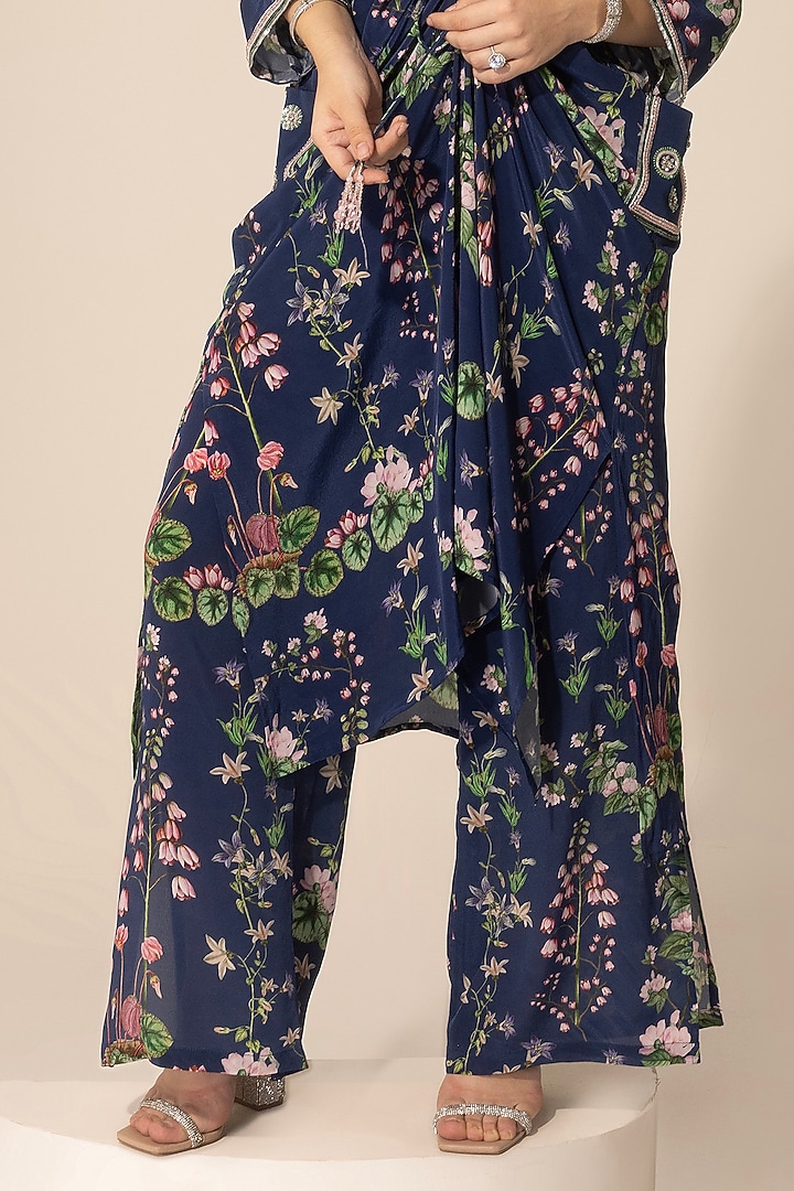 Navy Blue Crepe Botanical Printed Kaftan Set by Sakshi Girri at Pernia's Pop Up Shop