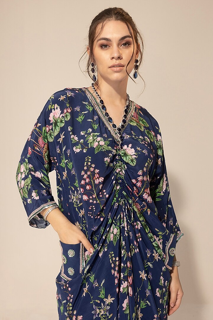 Navy Blue Crepe Botanical Printed Kaftan Set by Sakshi Girri at Pernia's Pop Up Shop