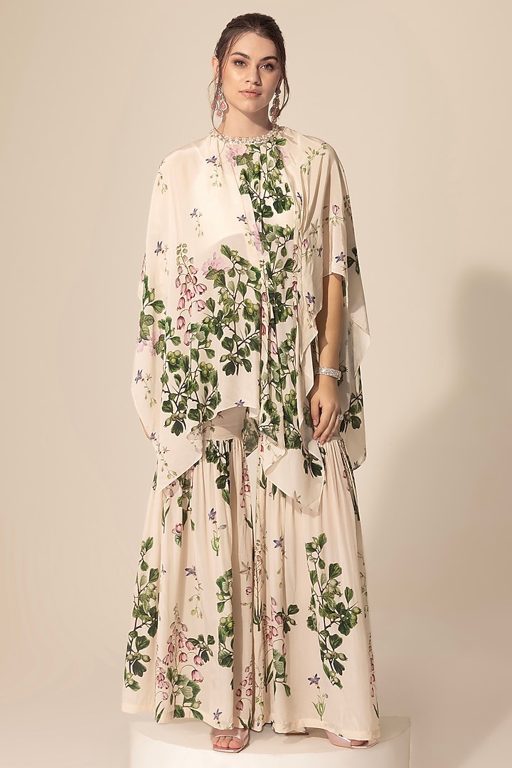 Ivory Crepe Botanical Printed Sharara Set by Sakshi Girri