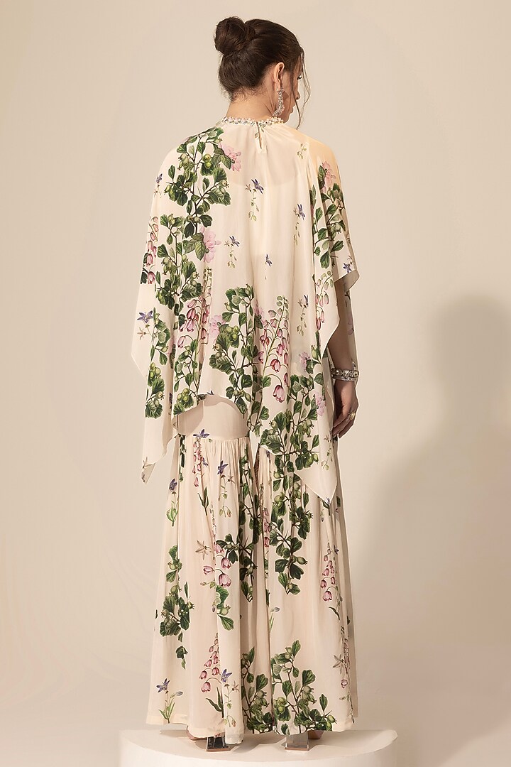 Ivory Crepe Botanical Printed Party Wear Sharara Set by Sakshi Girri at Pernia's Pop Up Shop