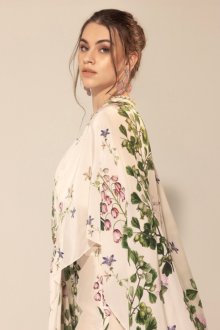Ivory Crepe Botanical Printed Party Wear Sharara Set by Sakshi Girri at Pernia's Pop Up Shop