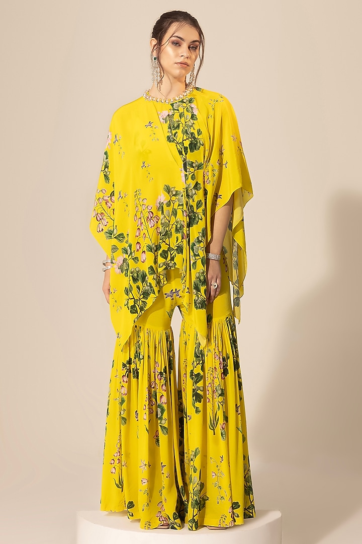 Yellow Crepe Botanical Printed Sharara Set by Sakshi Girri at Pernia's Pop Up Shop