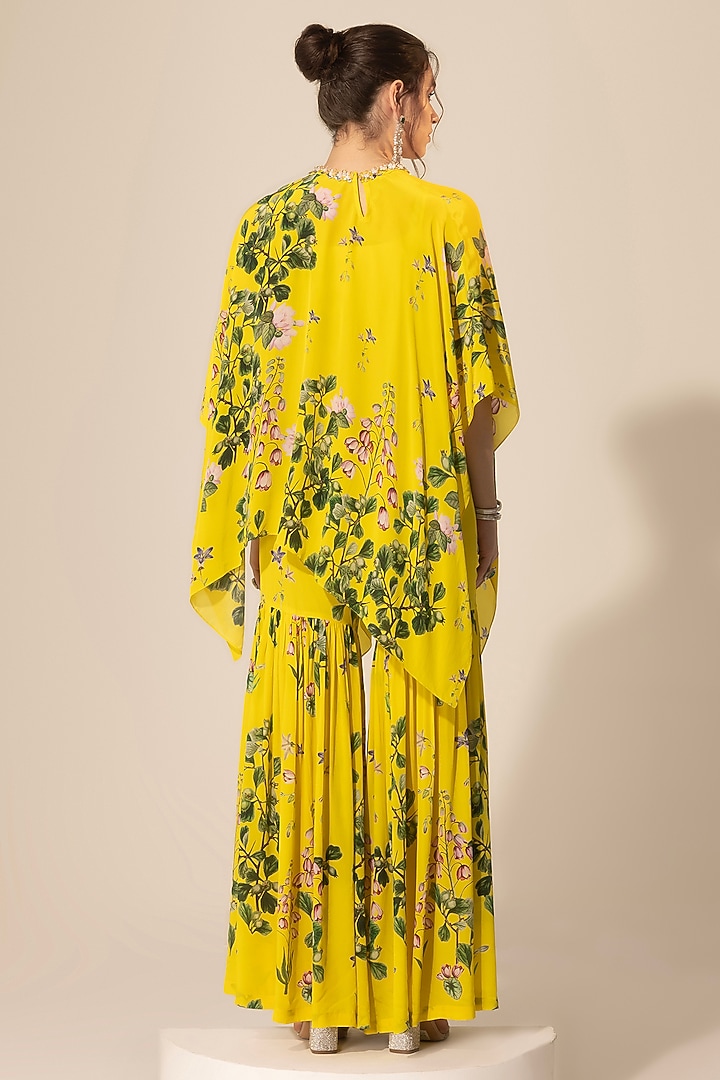 Yellow Crepe Botanical Printed Party Wear Sharara Set by Sakshi Girri at Pernia's Pop Up Shop