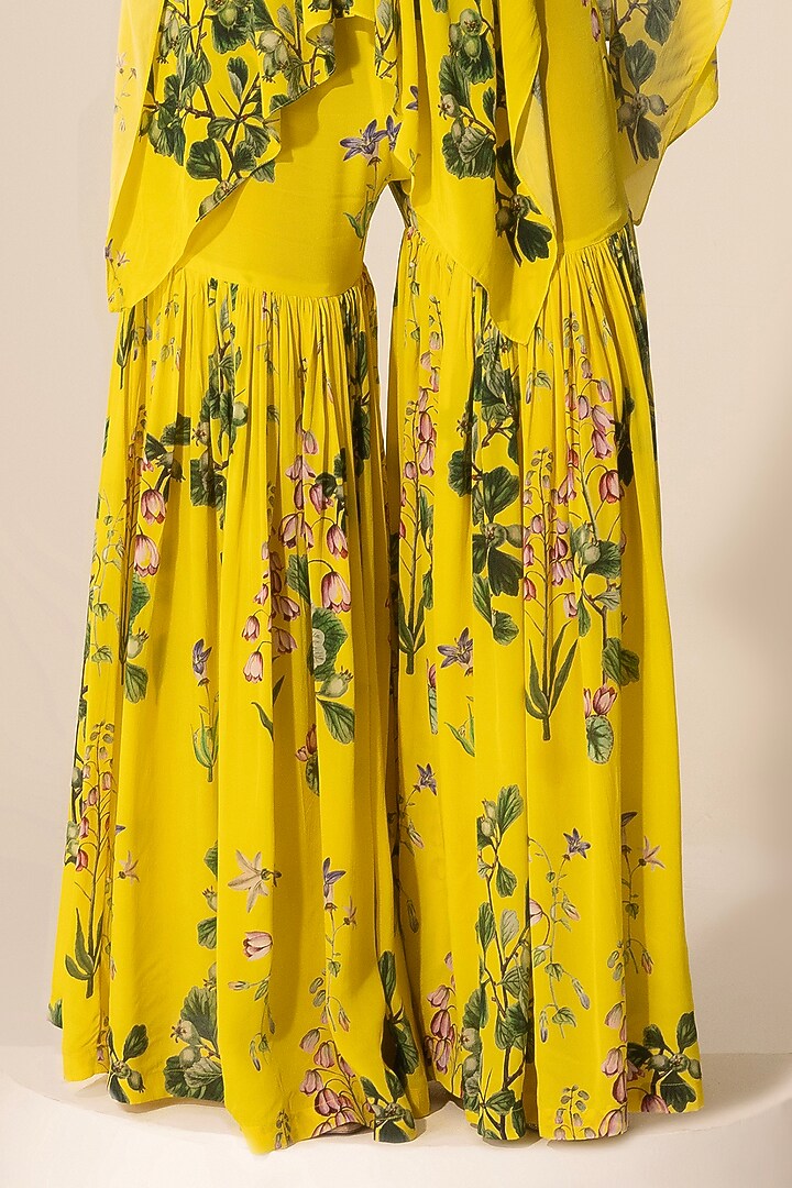 Yellow Crepe Botanical Printed Party Wear Sharara Set by Sakshi Girri at Pernia's Pop Up Shop