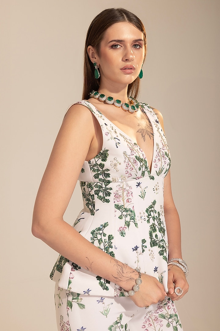White Scuba Botanical Printed Wedding Sharara Set by Sakshi Girri at Pernia's Pop Up Shop