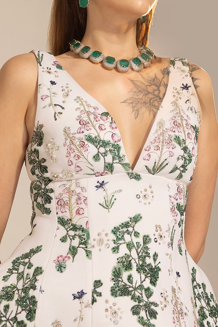 White Scuba Botanical Printed Wedding Sharara Set by Sakshi Girri at Pernia's Pop Up Shop