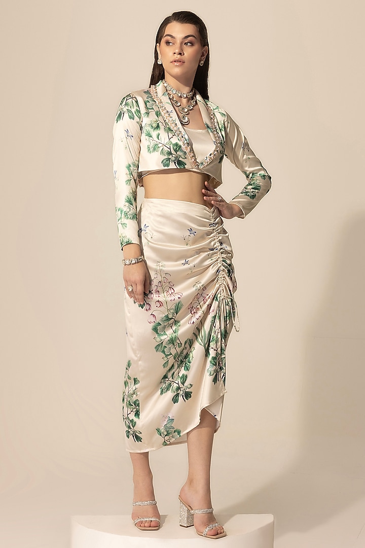 Beige Luxe Satin Botanical Printed & Embellished Skirt Set by Sakshi Girri
