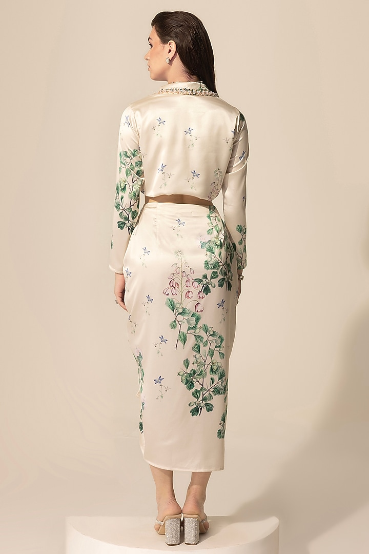 Beige Luxe Satin Botanical Printed & Embellished Skirt Set by Sakshi Girri at Pernia's Pop Up Shop