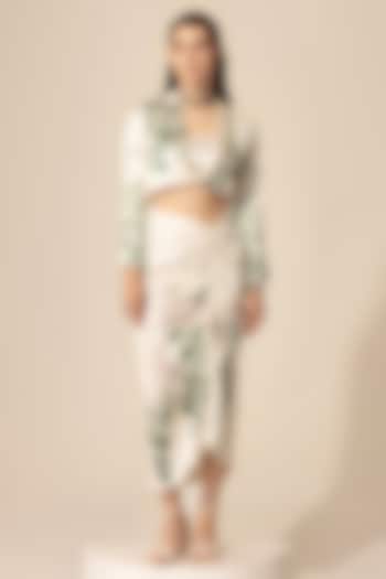 Off-White Luxe Satin Botanical Printed & Embellished Skirt Set by Sakshi Girri