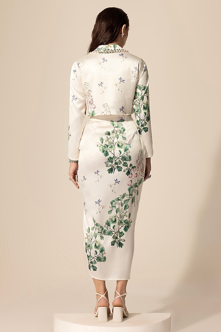 Off-White Luxe Satin Botanical Printed & Embellished Skirt Set by Sakshi Girri at Pernia's Pop Up Shop