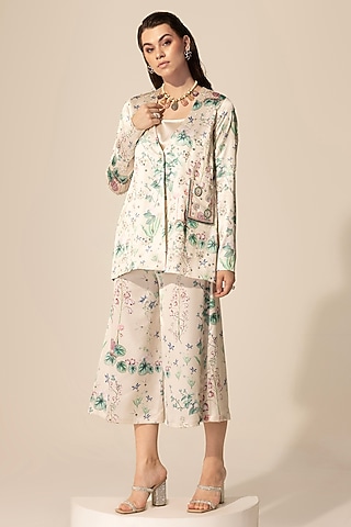 Beige Stretch Satin Botanical Printed Culotte Pant Set by Sakshi Girri