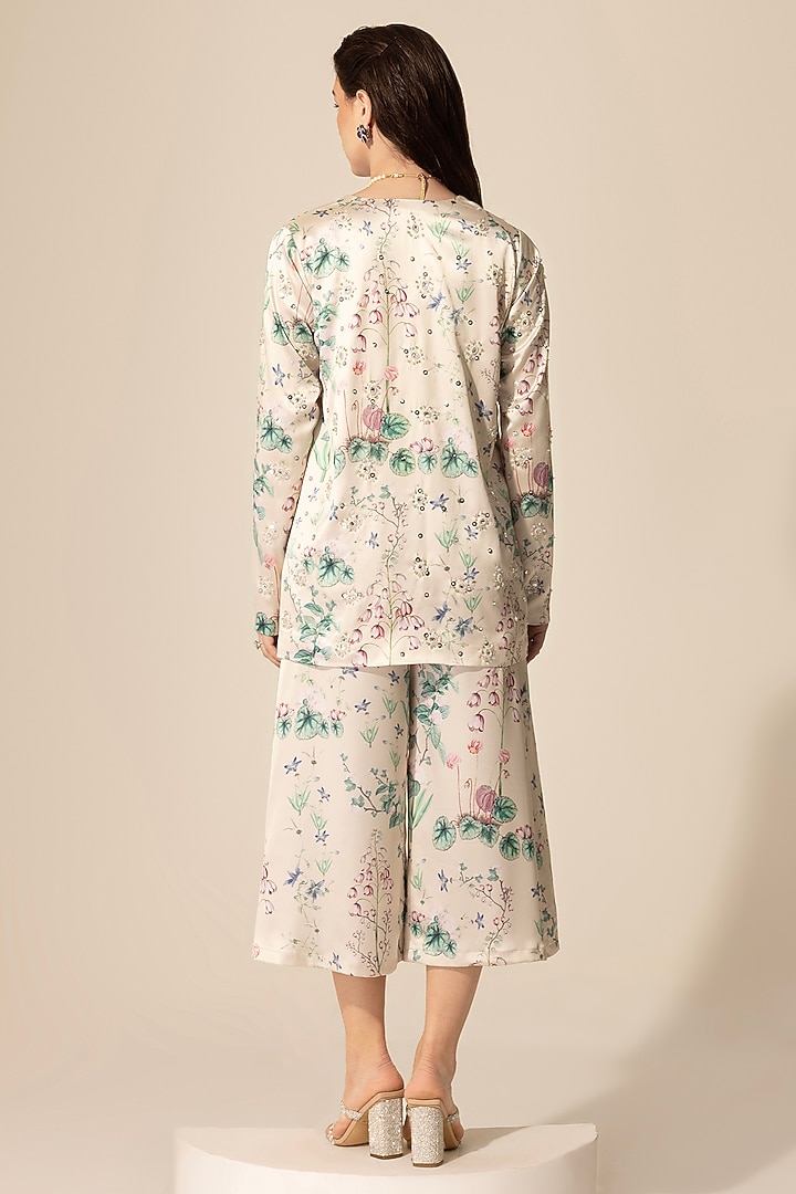 Beige Stretch Satin Botanical Printed Culotte Pant Set by Sakshi Girri at Pernia's Pop Up Shop