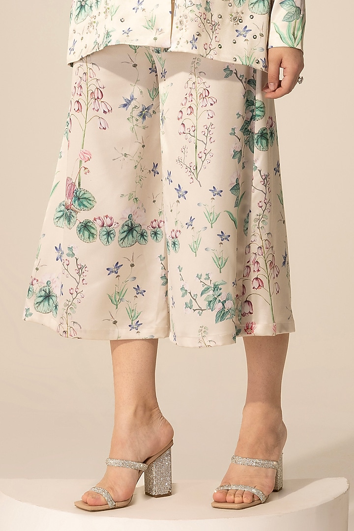 Beige Stretch Satin Botanical Printed Culotte Pant Set by Sakshi Girri at Pernia's Pop Up Shop