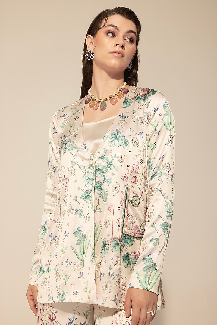 Beige Stretch Satin Botanical Printed Culotte Pant Set by Sakshi Girri at Pernia's Pop Up Shop