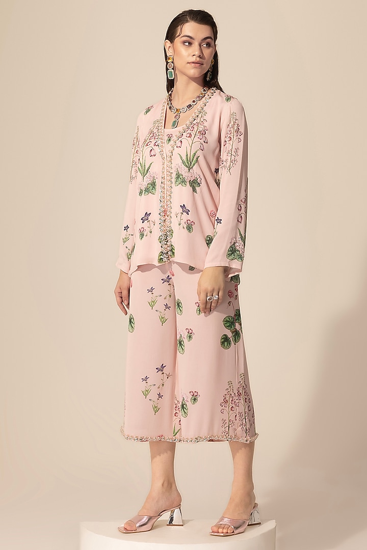 Blush Pink Double Georgette Botanical Printed Culotte Pant Set by Sakshi Girri