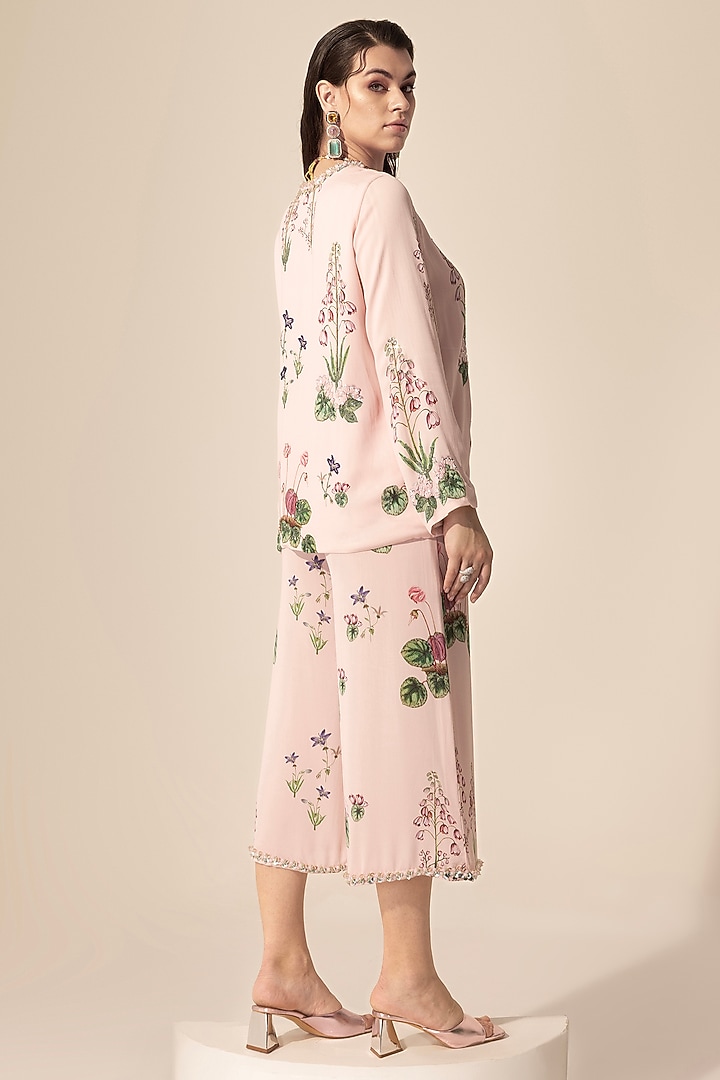Blush Pink Double Georgette Botanical Printed Culotte Pant Set by Sakshi Girri at Pernia's Pop Up Shop