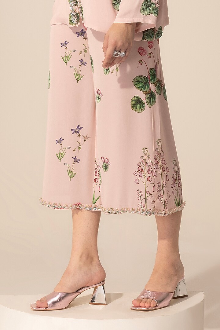 Blush Pink Double Georgette Botanical Printed Culotte Pant Set by Sakshi Girri at Pernia's Pop Up Shop