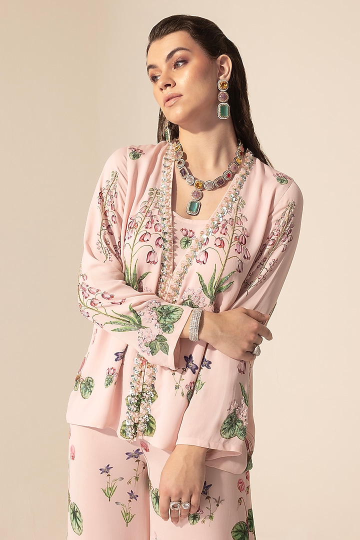 Blush Pink Double Georgette Botanical Printed Culotte Pant Set by Sakshi Girri at Pernia's Pop Up Shop