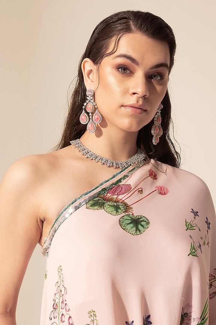 Blush Pink Double Georgette Botanical Printed Tunic Set by Sakshi Girri at Pernia's Pop Up Shop