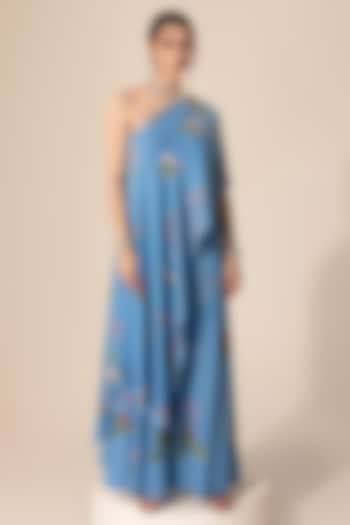 Blue Double Georgette Botanical Printed Tunic Set by Sakshi Girri at Pernia's Pop Up Shop