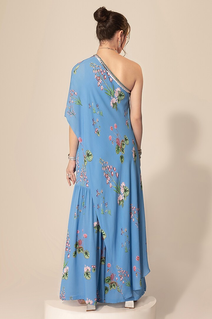 Blue Double Georgette Botanical Printed Tunic Set by Sakshi Girri at Pernia's Pop Up Shop