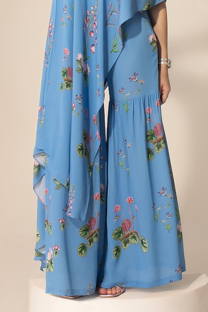 Blue Double Georgette Botanical Printed Tunic Set by Sakshi Girri at Pernia's Pop Up Shop